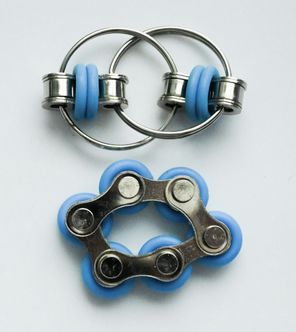 Bike chain fidget set in blue and silver metal
